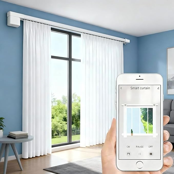 Smart Curtain Track System with Mini Zigbee Motor, Automatic Motorized Curtains Rod 126‘’(3.2m) with App, Voice, Remote Control, Compatible with Alexa,Google and Siri