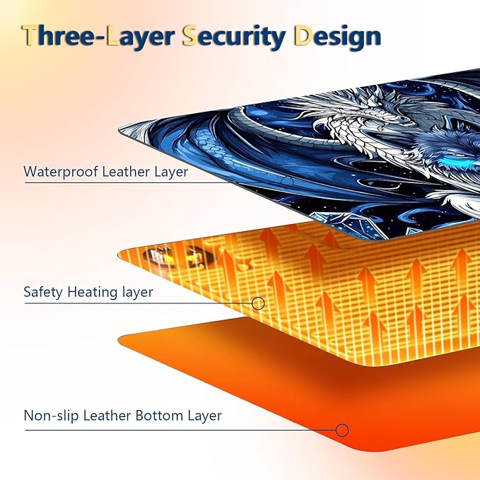 Heated Mouse Pad with 3 Temperature Settings(104°F–122°F),Large 24x14.2 Inch PU Leather Heated Desk Mat,Waterproof Warming Pad for Office,Gaming & Cold Hands Relief,Dragon and Wolf