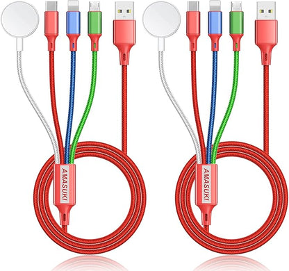 2Pack Multi Charging Cable for Apple Watch Charger 4 in 1 Travel Essentials RV Camping Essentials USB C/L/Micro Compatible with iWatch Series 11-1/iPhone 17/16/15/Android Airplane Gadgets-4FT/Red