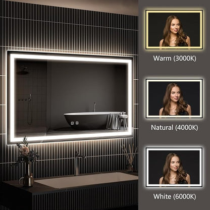 APRILSOUL 48x32 Inch LED Bathroom Mirror with Front and Backlit, Makeup Mirror with 3 Color Lights, Memory Function, Anti-Fog and Dimmable Light (Horizontal)