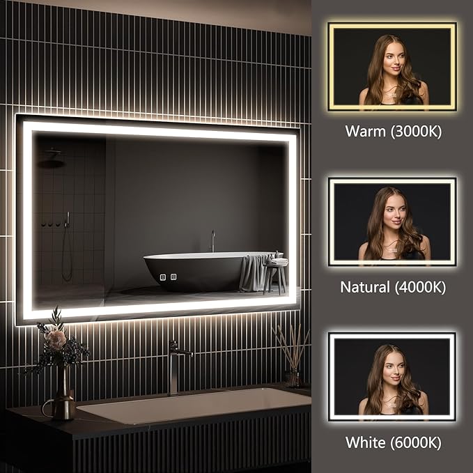 APRILSOUL 48x36 Inch LED Bathroom Mirror with Front and Backlit, Makeup Mirror with 3 Color Lights, Memory Function, Anti-Fog and Dimmable Light (Horizontal/Vertical)