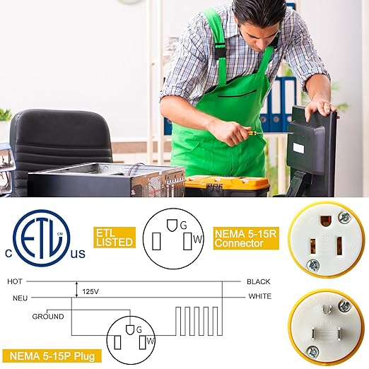 Sherr 24 Pcs Extension Cord Ends 15A 125V 2 Pole 3 Wire Heavy Duty Replacement Male Plug Female Connector Set 5-15P 5-15R Straight Blade Plug Grounding Type/ETL Listed (Male,Female)