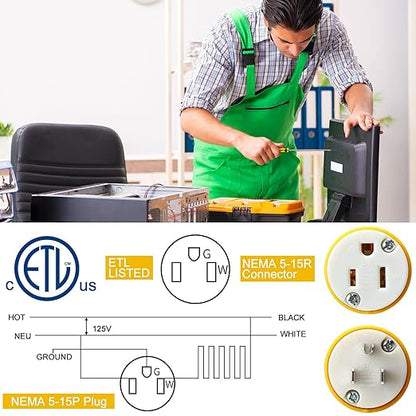 Sherr 24 Pcs Extension Cord Ends 15A 125V 2 Pole 3 Wire Heavy Duty Replacement Male Plug Female Connector Set 5-15P 5-15R Straight Blade Plug Grounding Type/ETL Listed (Male,Female)
