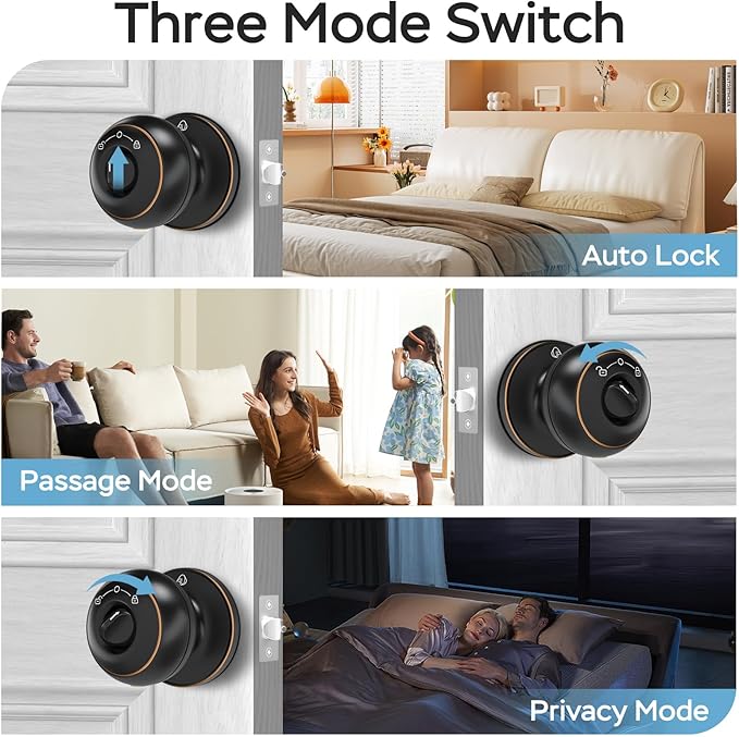 GeekTale Fingerprint Door Lock for Bedrooms, Fingerprint Door Knob with Lock, Smart Door Lock, App Control, Back-up Keys, Thumbprint Door Knob for Bedrooms, Office, Apartment