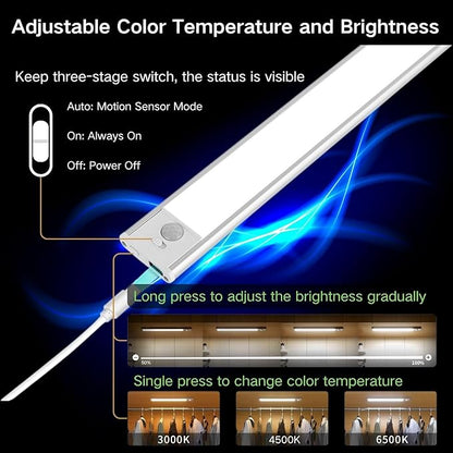 Motion Sensor Under Cabinet Lighting-Magnetic Rechargeable Closet Lights for Kitchen,Stairs,Wardrobe | 3-Color Dimmable LED Under Counter Lighting | Pro Battery Upgrade (2, 16 inch)