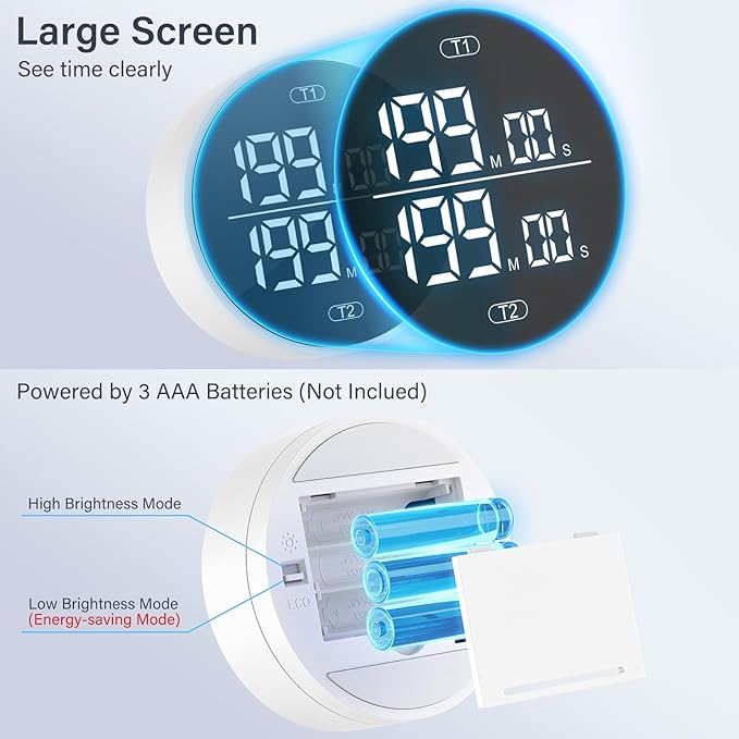 Dual Digital Kitchen Timer for Cooking, 199 Minutes Countdown & Stopwatch, Productivity Timer for Fridge, Big Digits, High-Definition Display, Rotary Adjustment, 3 Volumes, 2 Brightness Levels, White