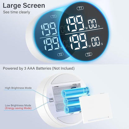 Dual Digital Kitchen Timer for Cooking, 199 Minutes Countdown & Stopwatch, Productivity Timer for Fridge, Big Digits, High-Definition Display, Rotary Adjustment, 3 Volumes, 2 Brightness Levels, White