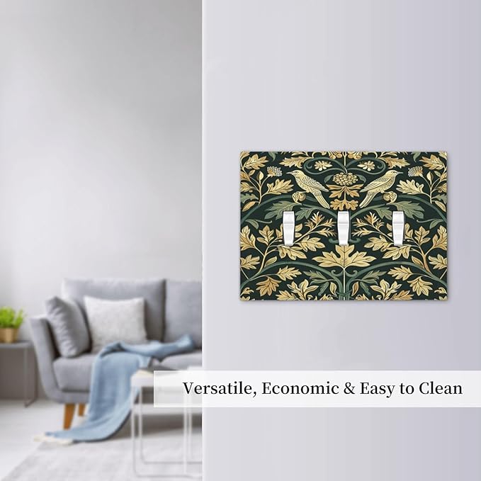 Decorative Switch Plates William Morris Vintage Botanical Birds Golden Green Leaves 3 Gang Wall Plate Triple Toggle Light Switch Cover Faceplate Electrical Wall Panels for Bedroom Home