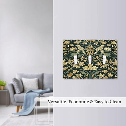 Decorative Switch Plates William Morris Vintage Botanical Birds Golden Green Leaves 3 Gang Wall Plate Triple Toggle Light Switch Cover Faceplate Electrical Wall Panels for Bedroom Home