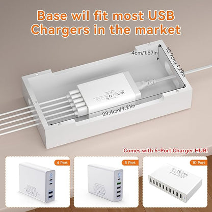 Pezin & Hulin Bamboo Charging Station with Watch Stand, Docking Holder for Multi Device with USB Charger HUB, 5 Charge Cables, Desktop Electronic Organizer for Phone, Tablet, Watch-Natural + White
