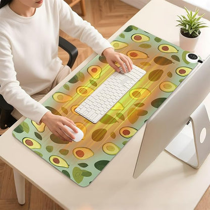 Heated Desk Pad Mouse Pad 31.5x13 Inch PU Leather Desk Mat with 3 Heat Levels Large Mouse Gaming Computer Laptop Mat Green Cute Avocado and Leaves
