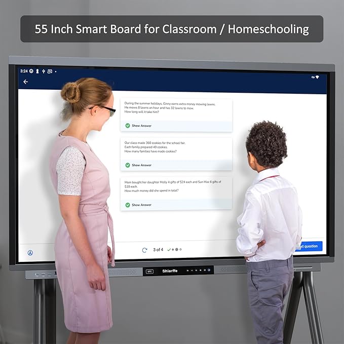 Shiarffe R9 Smart Board with Stand 4K Interactive Whiteboard EDLA-Certified All-in-One Touchscreen Digital Display Built-in 60W Speaker for Classrom Hybrid Work