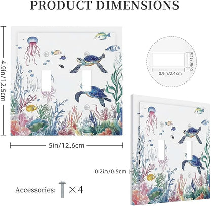 Blue Sea Turtle Ocean Fish Octopus Coral Decorative Switch Plates 2 Gang Double Toggle Outlet Light Switch Cover Wall Plate Electrical Faceplate For Bathroom Kids Room Decor