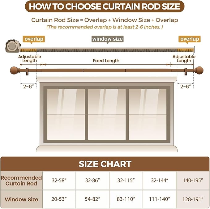 KAMANINA 1 Inch Bronze Curtain Rods for Windows 120 to 170 Inches, Long Heavy Duty Curtain Rod 140 to 195 Inches (11.6-16.2ft), Decorative Drapery Rod with Round Finials