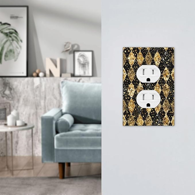 Gold Black Marble Geometric Plaid Glitter Outlet Covers 1 Gang Duplex Light Switch Cover Wall Plate Decorative Switch Plates Electrical Receptacle Faceplate for Bedroom Bathroom Decor