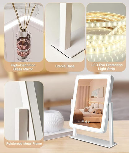 Lighted Makeup Mirror, Hollywood Vanity Mirror, 3 Color Lighting Modes, 360° Rotation, HD Glass Mirror, and 10X Magnification Mirror Smart Touch Control for Home & Travel (White)