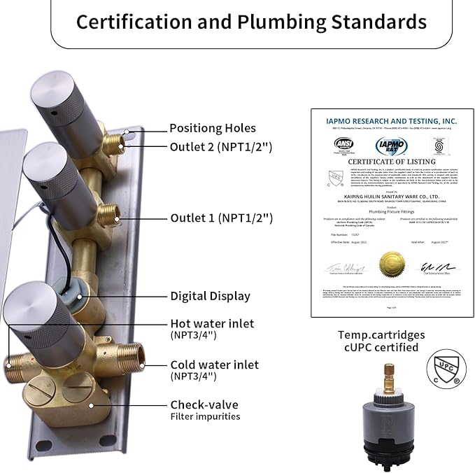 2 Way Shower Diverter Valve Brass 2 Functions Digital Temperature Display Thermostatic Shower Mixing Valve Kit 3 Handle Flow Cotrol Valve, Can Run Simultaneously Brushed Nickel