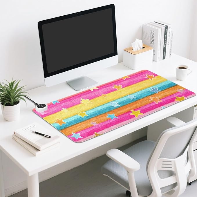 Heated Desk Pad Mouse Pad 31.5x13 Inch PU Leather Desk Mat with 3 Heat Levels Large Mouse Gaming Computer Laptop Mat Bright Rainbow Striped Stars
