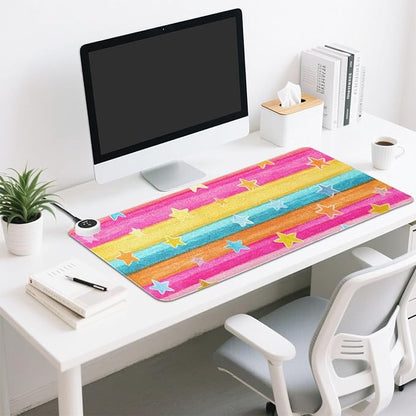 Heated Desk Pad Mouse Pad 31.5x13 Inch PU Leather Desk Mat with 3 Heat Levels Large Mouse Gaming Computer Laptop Mat Bright Rainbow Striped Stars