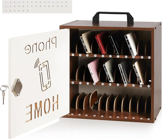 Echaprey Cell Phone Holder Classroom Adjustable 33 Slots Pocket Chart Wooden Cell Phone Storage Cabinet with Handle and Lock Desktop Cell Phone Holder for Classroom Office (Black Walnut)