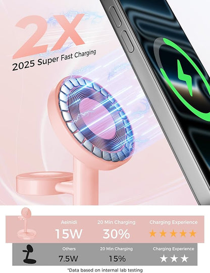 2025 3 in 1 Wireless Charging Station Compatible with MagSafe, 15W Fast Magnetic Mag-Safe Charger Stand for Apple iPhone 17 16 15 14 13 12 iWatch AirPods Pro 4 3 2, Pink