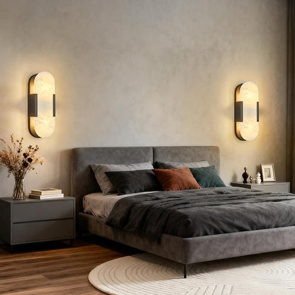 Alabaster Wall Sconces Set of Two, Modern Natural Marble Wall Sconces for Indoor Lighting, 13.8 in Black Wall Lights for Bathroom Dining Room Stairs Bedroom
