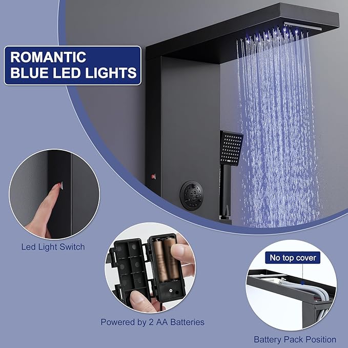 ROVATE LED Shower Panel Tower System with Rainfall Waterfall Shower, Matte Black Shower Panel with Jets and Rainfall and Handheld, 5 in 1 Stainless Steel Shower Tower High Pressure with Tub Spout