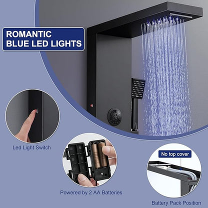 ROVATE LED Shower Panel Tower System with Rainfall Waterfall Shower, Matte Black Shower Panel with Jets and Rainfall and Handheld, 5 in 1 Stainless Steel Shower Tower High Pressure with Tub Spout