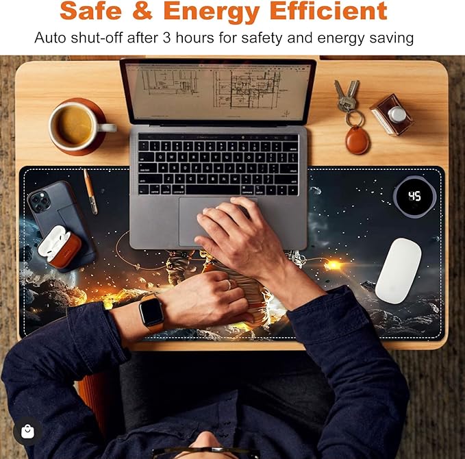 Heated Mouse Pad for Desk 31.5" x 13" – PU Leather Warm Desk Pad with 3 Heat Levels (104°F/113°F/122°F), Plug-in Electric Heating Mat with Auto Shut-Off, Waterproof & Rollable, Astronaut