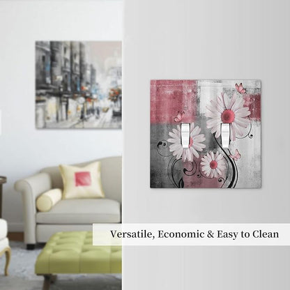 Decorative Switch Plates Pink Floral Rustic Daisy Flower And Butterfly 2 Gang Double Toggle Wall Plate Outlet Light Switch Cover Electrical Faceplate for Farmhouse Cabin Decor
