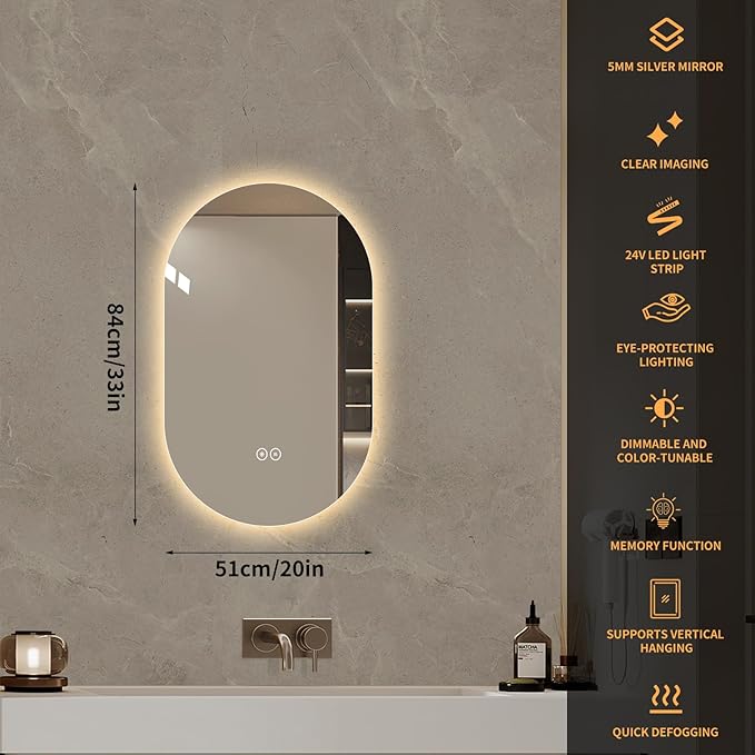 LAIYA 24V Full-Power Oval LED Bathroom Vanity Mirror, 33x20inch Frameless Backlit Mirror with Light, Smart Anti-Fog Waterproof Mirror with Memory Function Dimmable Lighted Mirror