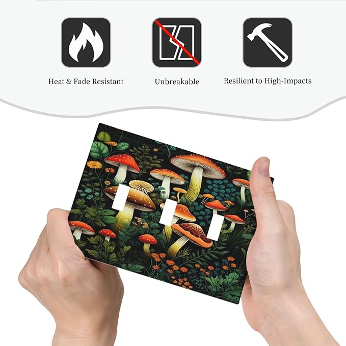 Decorative Light Switch Plate Covers Boho Red Mushroom Green Leaf Plants Floral 3 Gang Wall Plate Switch Cover Plate Triple Toggle Jumbo Electrical Faceplate for Bedroom Home Decor