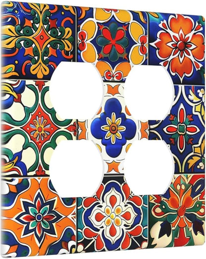 Outlet Covers Colorful Mexican Talavera Vintage Boho Floral 2 Gang Double Duplex Decorative Light Switch Covers Electrical Wallplates Socket Faceplate For Farmhouse Cabin Decor