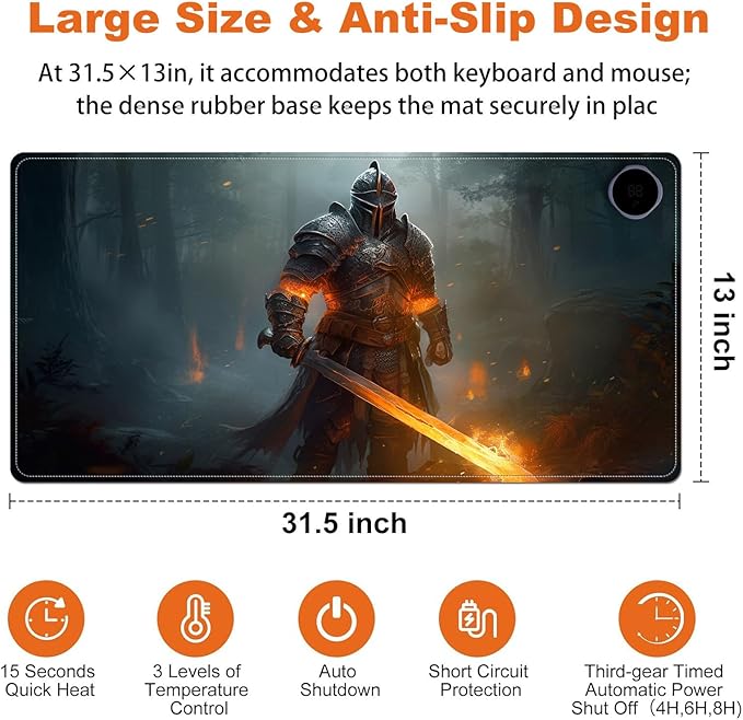 Heated Mouse Pad for Desk 31.5" x 13" – PU Leather Warm Desk Pad with 3 Heat Levels (104°F/113°F/122°F), Plug-in Electric Heating Mat with Auto Shut-Off, Waterproof & Rollable, Fire Warrior