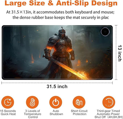 Heated Mouse Pad for Desk 31.5" x 13" – PU Leather Warm Desk Pad with 3 Heat Levels (104°F/113°F/122°F), Plug-in Electric Heating Mat with Auto Shut-Off, Waterproof & Rollable, Fire Warrior