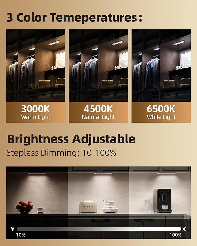 4Pack 7.8inch Under Cabinet Lighting, Rechargeable Motion Sensor Light Wireless Indoor, Dimmable 3 Color Temps Closet Lights with Remote, Under Counter Lights for Kitchen, Stairs, Bookshelf