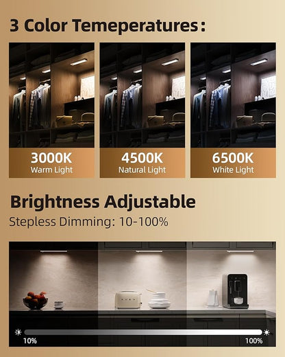 4Pack 7.8inch Under Cabinet Lighting, Rechargeable Motion Sensor Light Wireless Indoor, Dimmable 3 Color Temps Closet Lights with Remote, Under Counter Lights for Kitchen, Stairs, Bookshelf