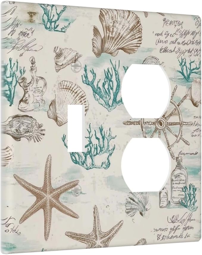 Mid Century Seashells Starfish Compass Wallplates 1 Toggle 1 Duplex Switch Plate Electrical Gfci Faceplate Decorative Light Switch Covers For Nursery Kids Room Decor
