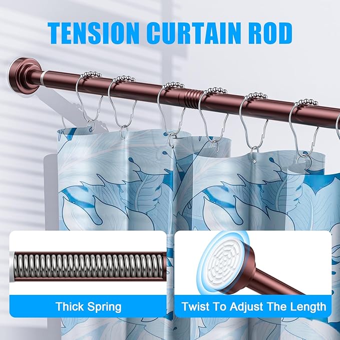 TEECK Shower Curtain Rod, 32-68 inch Adjustable Spring Tension Curtain Rod, Never Rust Anti-Slip Shower Curtain Rod for Bathroom, No Drilling, Never Collapse, Easy to Use, Brown