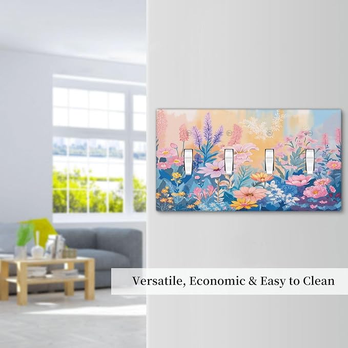 Light Switch Cover Plate Colorful Watercolor Flowers Wildflower Plants 4 Gang Quad Toggle Wall Plate Electrical Outlet Cover Decorative Switch Plate Covers for Bathroom Home Decor