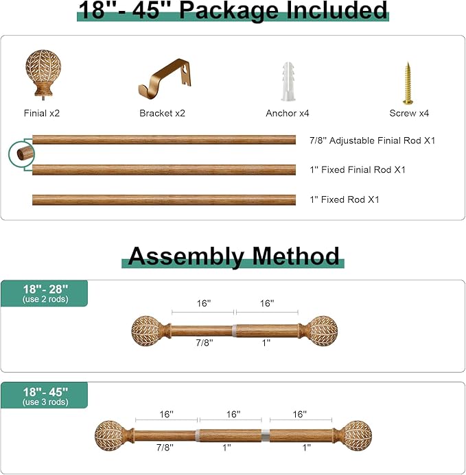 Imitation Wood Grain Ball Curtain Rods for Windows 28 to 48 Inch,1 Inch Heavy Duty Adjustable Wood Curtain Rod,Boho Decorative Drapery Rods Set with Brackets,Size:18''-45''