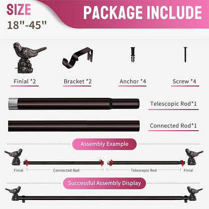 Curtain Rods for Window 18 to 45 Inches Vintage Bronze Curtain Rod with Bird Finials Adjustable Drapery Rod Heavy Duty Curtains Rods for Living Room Kitchen Window
