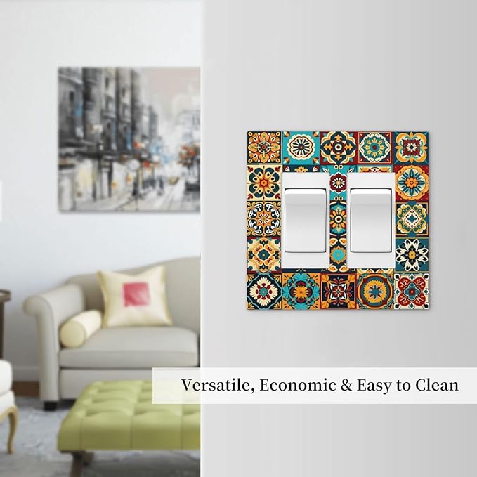 Mexican Talavera Ceramic Tile Moroccan Boho Decorative Outlet Covers 2 Gang Double GFCI Rocker Electrical Wall Panels Light Switch Cover Plate for Bathroom Kitchen Decor