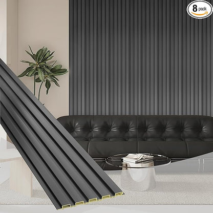 OUZUGIE WPC Acoustic Slat Wall Paneling, 8-Pack 114 x 6 Inches 3D Wall Panels for Interior Wall Decor,Living Room,TV Background,Study Room,Office Spaces,Bedroom,Low Grille (Metallic Dark Gray)