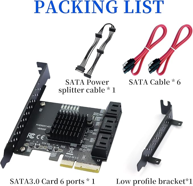 PCIe SATA Expansion Card 6 Ports 4X with ASM1166 Chip - 6Gbps, Gen 3 Controller Adapter, Non-Raid, with 6 SATA Cables & Low - Profile Bracket, Plug and Play for Windows XP/7/8/10, Linux, MAC OS