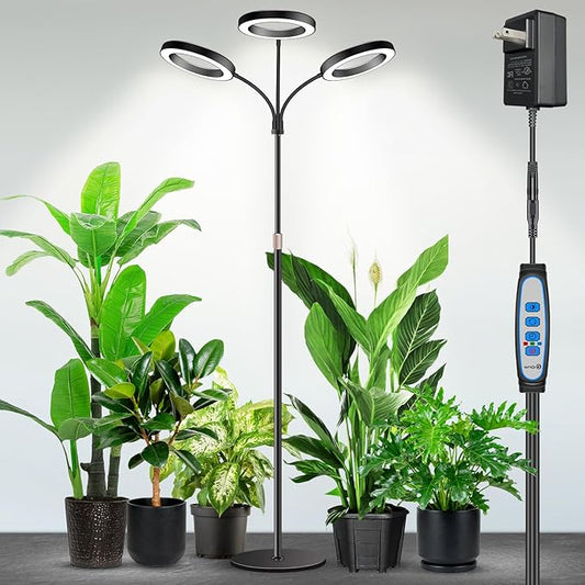Garpsen Halo Floor Grow Light, Three-Head Full Spectrum LED Plant Light with Base, 5 Dimmable Levels & Timer 6/12/16H, 3 Color Modes Grow Lamp with 252 LEDs, 67''Height Adjustable for Large Plants