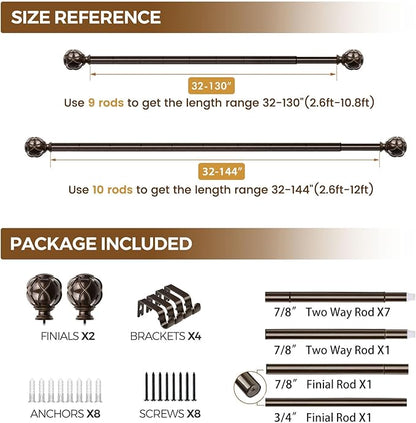 KAMANINA Curtain Rods for Windows 72 to 144 Inches (6-12ft) Long Heavy Duty Curtain Rod, 7/8 Inch Adjustable Decorative Drapery Rods with Netted Texture Finials, Bronze