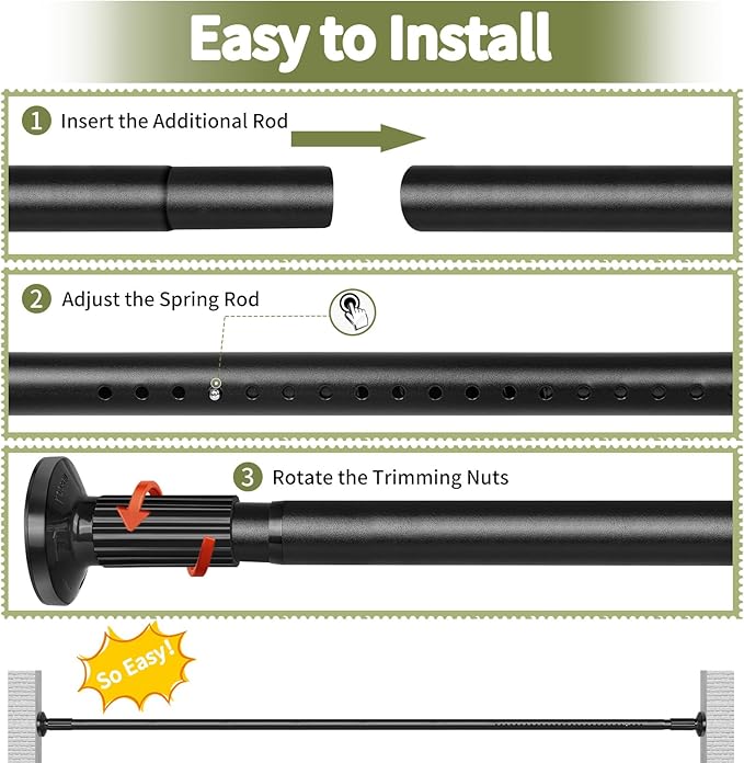 Tension Shower Curtain Rod 51-126In(4.25-10.5Ft), Long Shower Curtain Rod No Drilling for Window or Bathroom Patio, Adjustable Spring Shower Rod, Easy to Install Never Rust Rod Diameter 1.26Inch-Black