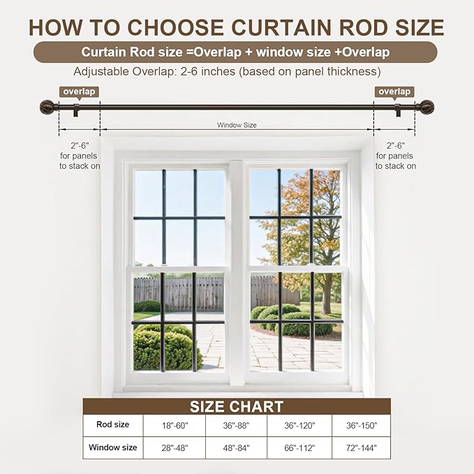 Brown Curtain Rods for Windows 72 to 144 Inch 7/8" Diamete Heavy Duty Adjustable Window Curtain Rod with Decorative Finials for Farmhouse Bedroom Living Room Kitchen Outdoor