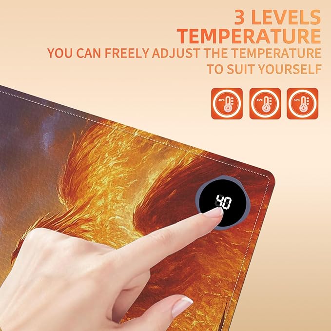 Heated Mouse Pad 31.5x13 in 3-Temp Fast Heating Desk Mat with Auto Timer Warmer for Hands Wrist Pain Relief Waterproof Keyboard Mat for Office, Gaming, Home, Dragon Battle Art